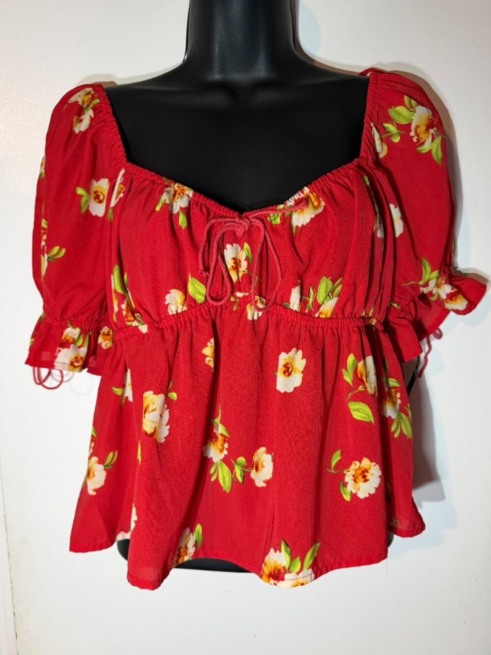 🎀 Forever 21 Floral Puff Sleeve Blouse Top Boho Peasant Tie Front Ruffle S